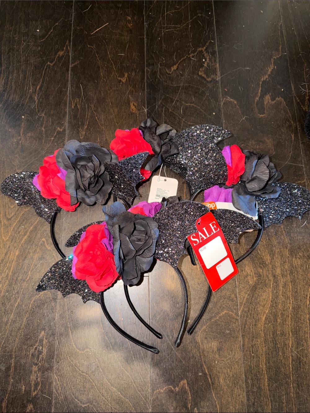 7 Glitter Bat Ear Headband for Kids with Black and red Flowers